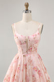 Blush Bloemen A Line Korset met vierkante hals Bedrukte Homecoming Jurk