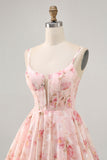 Blush Bloemen A Line Korset met vierkante hals Bedrukte Homecoming Jurk