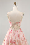 Blush Bloemen A Line Korset met vierkante hals Bedrukte Homecoming Jurk