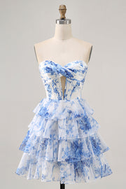 Strapless witblauwe bloem korset Homecoming jurk