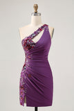 Donkerpaarse One Shoulder Bodycon Homecoming Jurk met Appliques