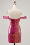 Sprankelende Fuchsia Off The Shoulder Bodycon Pailletten Homecoming Jurk