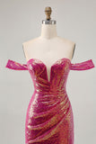 Sprankelende Fuchsia Off The Shoulder Bodycon Pailletten Homecoming Jurk