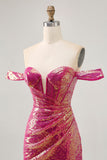 Sprankelende Fuchsia Off The Shoulder Bodycon Pailletten Homecoming Jurk