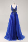 Glitter Royal Blue Beaded A Line Long Prom Dress met split