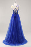 Glitter Royal Blue Beaded A Line Long Prom Dress met split