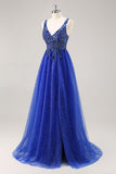 Glitter Royal Blue Beaded A Line Long Prom Dress met split