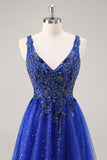 Glitter Royal Blue Beaded A Line Long Prom Dress met split