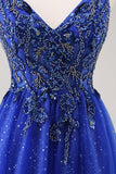 Glitter Royal Blue Beaded A Line Long Prom Dress met split