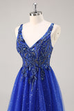 Glitter Royal Blue Beaded A Line Long Prom Dress met split