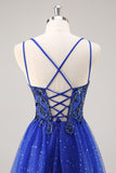 Glitter Royal Blue Beaded A Line Long Prom Dress met split
