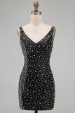 Glinsterende zwarte Bodycon Parel V-hals Korte Homecoming Jurk met kralen