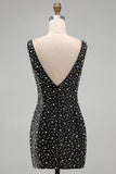 Glinsterende zwarte Bodycon Parel V-hals Korte Homecoming Jurk met kralen