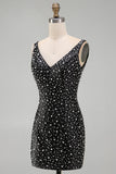 Glinsterende zwarte Bodycon Parel V-hals Korte Homecoming Jurk met kralen