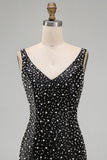 Glinsterende zwarte Bodycon Parel V-hals Korte Homecoming Jurk met kralen