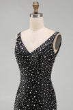Glinsterende zwarte Bodycon Parel V-hals Korte Homecoming Jurk met kralen