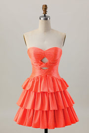 Oranje Strapless Gelaagde A Line Cut Out Homecoming Jurk met Kralen