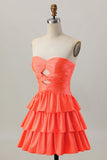 Oranje Strapless Gelaagde A Line Cut Out Homecoming Jurk met Kralen