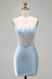 Strapless lichtblauwe korset bodycon kralenbezette homecomingjurk met split
