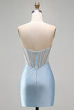 Strapless lichtblauwe korset bodycon kralenbezette homecomingjurk met split