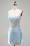 Strapless lichtblauwe korset bodycon kralenbezette homecomingjurk met split