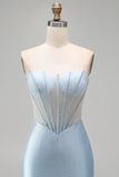 Strapless lichtblauwe korset bodycon kralenbezette homecomingjurk met split