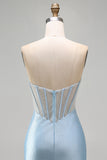 Strapless lichtblauwe korset bodycon kralenbezette homecomingjurk met split
