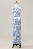 Bloemen bedrukte bodycon wit blauwe lange bruiloft gast jurk