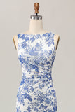 Bloemen bedrukte bodycon wit blauwe lange bruiloft gast jurk