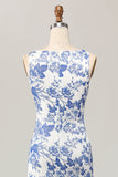 Bloemen bedrukte bodycon wit blauwe lange bruiloft gast jurk