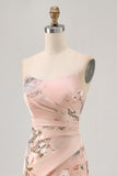 Blush Bloemen Strapless Schede Bruidsmeisje Jurk met Split