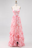Blush Kralen Halter Gedrukte Bloemen Bruiloft Gast Jurk met Split