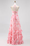 Blush Kralen Halter Gedrukte Bloemen Bruiloft Gast Jurk met Split