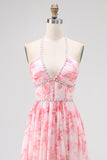 Blush Kralen Halter Gedrukte Bloemen Bruiloft Gast Jurk met Split