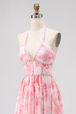 Blush Kralen Halter Gedrukte Bloemen Bruiloft Gast Jurk met Split