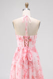 Blush Kralen Halter Gedrukte Bloemen Bruiloft Gast Jurk met Split