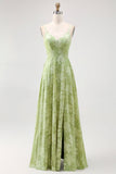 Salie Groene Bloemen A Line Bruidsmeisjesjurk met Split