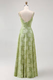Salie Groene Bloemen A Line Bruidsmeisjesjurk met Split