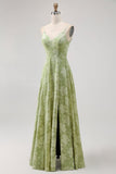 Salie Groene Bloemen A Line Bruidsmeisjesjurk met Split