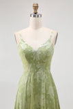 Salie Groene Bloemen A Line Bruidsmeisjesjurk met Split