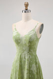 Salie Groene Bloemen A Line Bruidsmeisjesjurk met Split