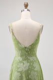Salie Groene Bloemen A Line Bruidsmeisjesjurk met Split