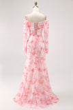 Roze bloem zeemeermin Off The Shoulder bruidsmeisjesjurk met lange mouwen en split