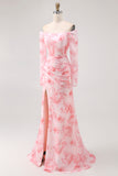 Roze bloem zeemeermin Off The Shoulder bruidsmeisjesjurk met lange mouwen en split