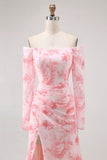 Roze bloem zeemeermin Off The Shoulder bruidsmeisjesjurk met lange mouwen en split