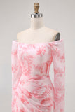 Roze bloem zeemeermin Off The Shoulder bruidsmeisjesjurk met lange mouwen en split
