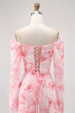 Roze bloem zeemeermin Off The Shoulder bruidsmeisjesjurk met lange mouwen en split