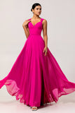 Fuchsia A Line converteerbare chiffon bruidsmeisjesjurk met split