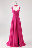 Fuchsia A Line converteerbare chiffon bruidsmeisjesjurk met split