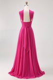 Fuchsia A Line converteerbare chiffon bruidsmeisjesjurk met split